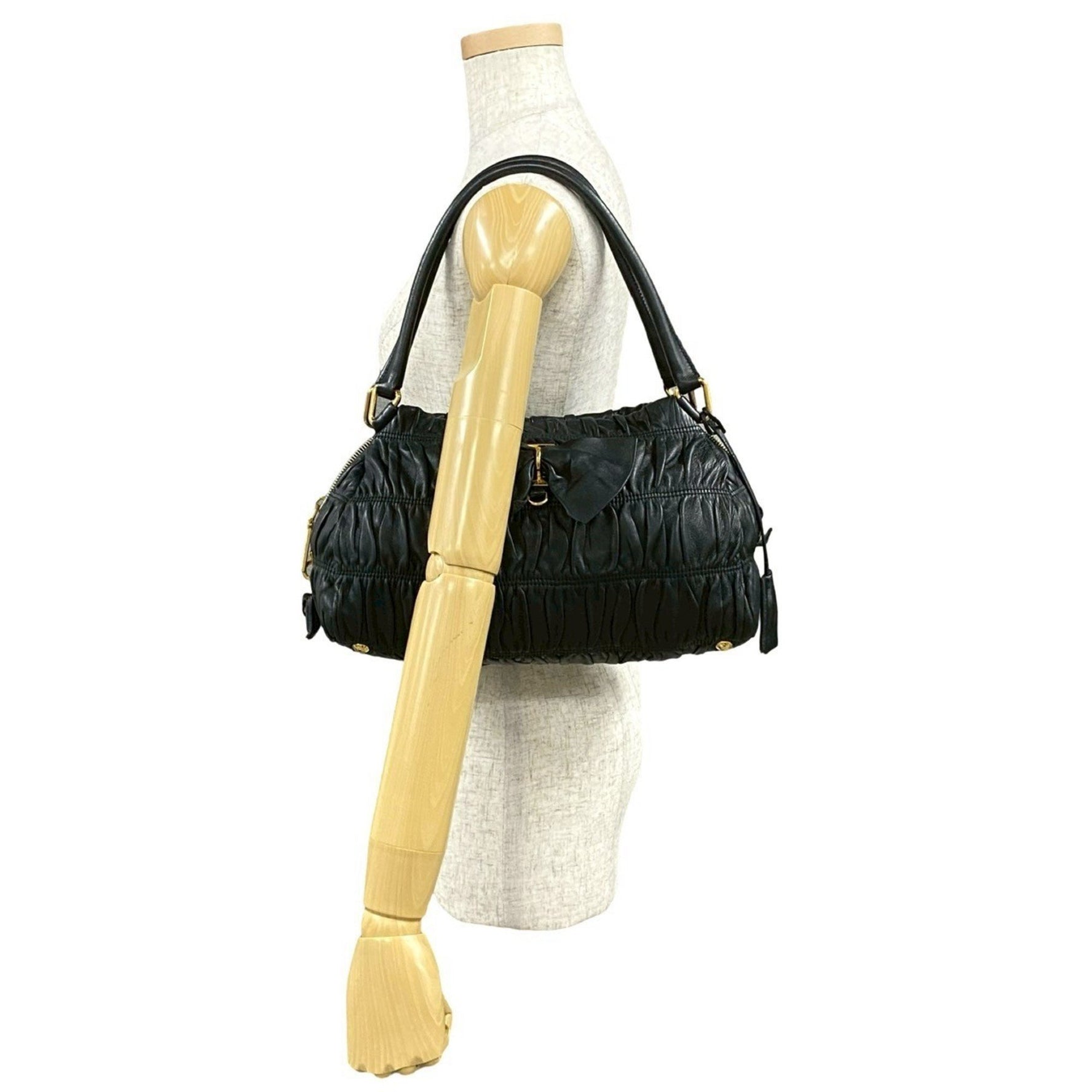 PRADA logo hardware ribbon motif leather gathered handbag/semi-shoulder bag
