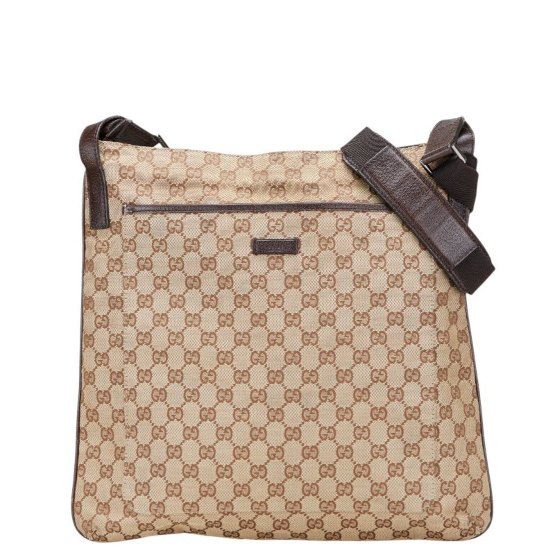 Gucci GG Canvas Shoulder Bag Beige Brown Leather
