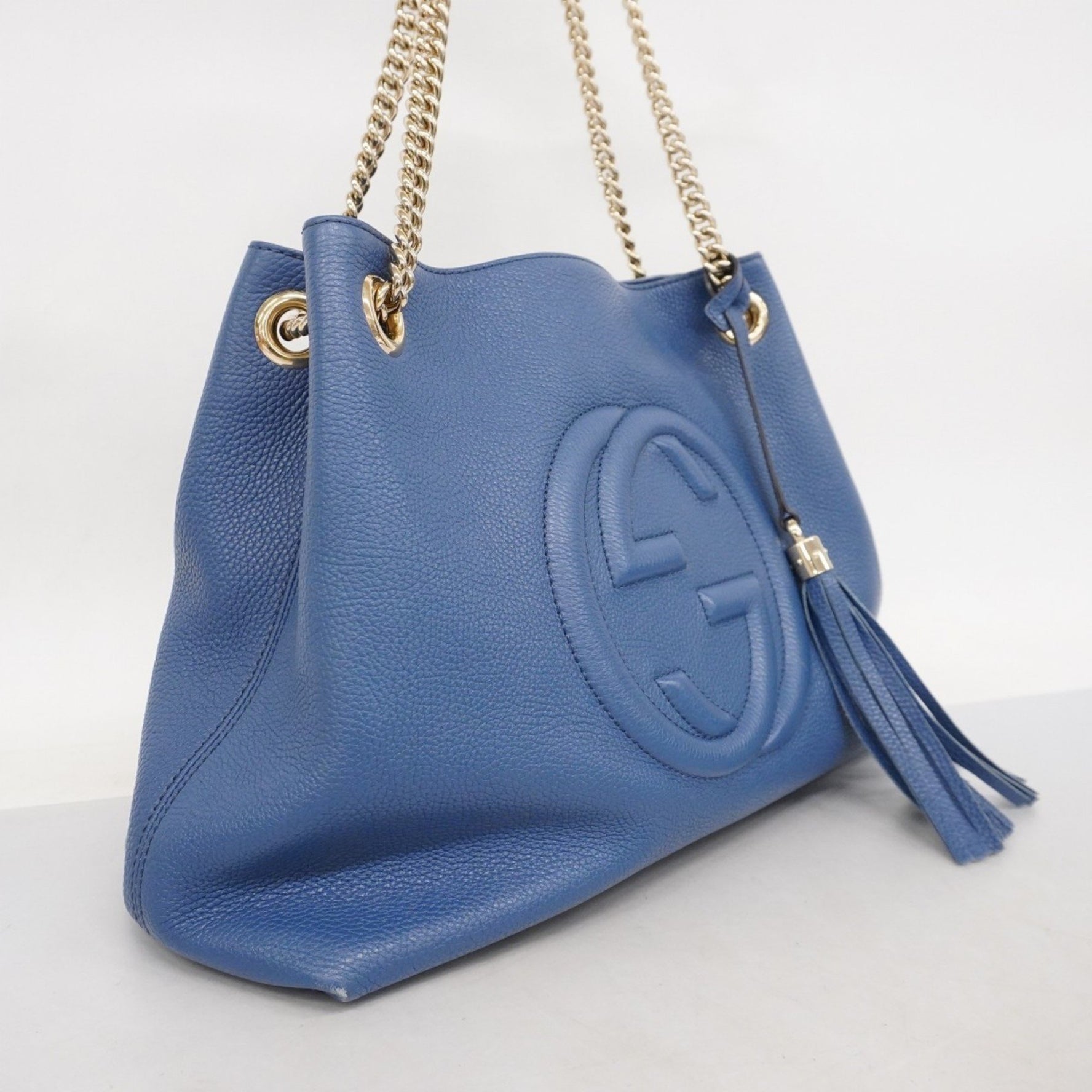 Gucci Soho Tote Bag Leather Blue Champagne Women's