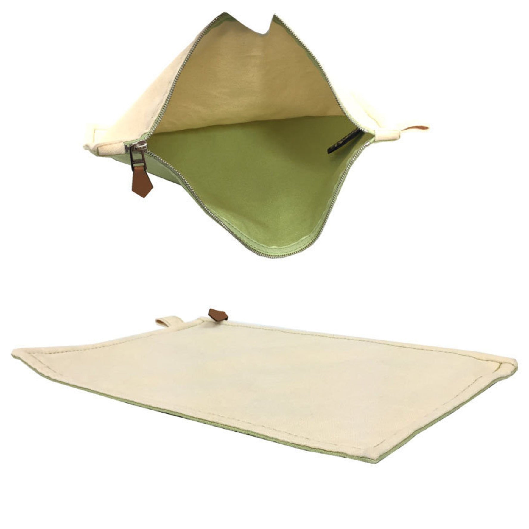 Hermes Flat Pouch Bora MM Bicolor 100% Cotton Natural x Lime Green Clutch Bag Canvas