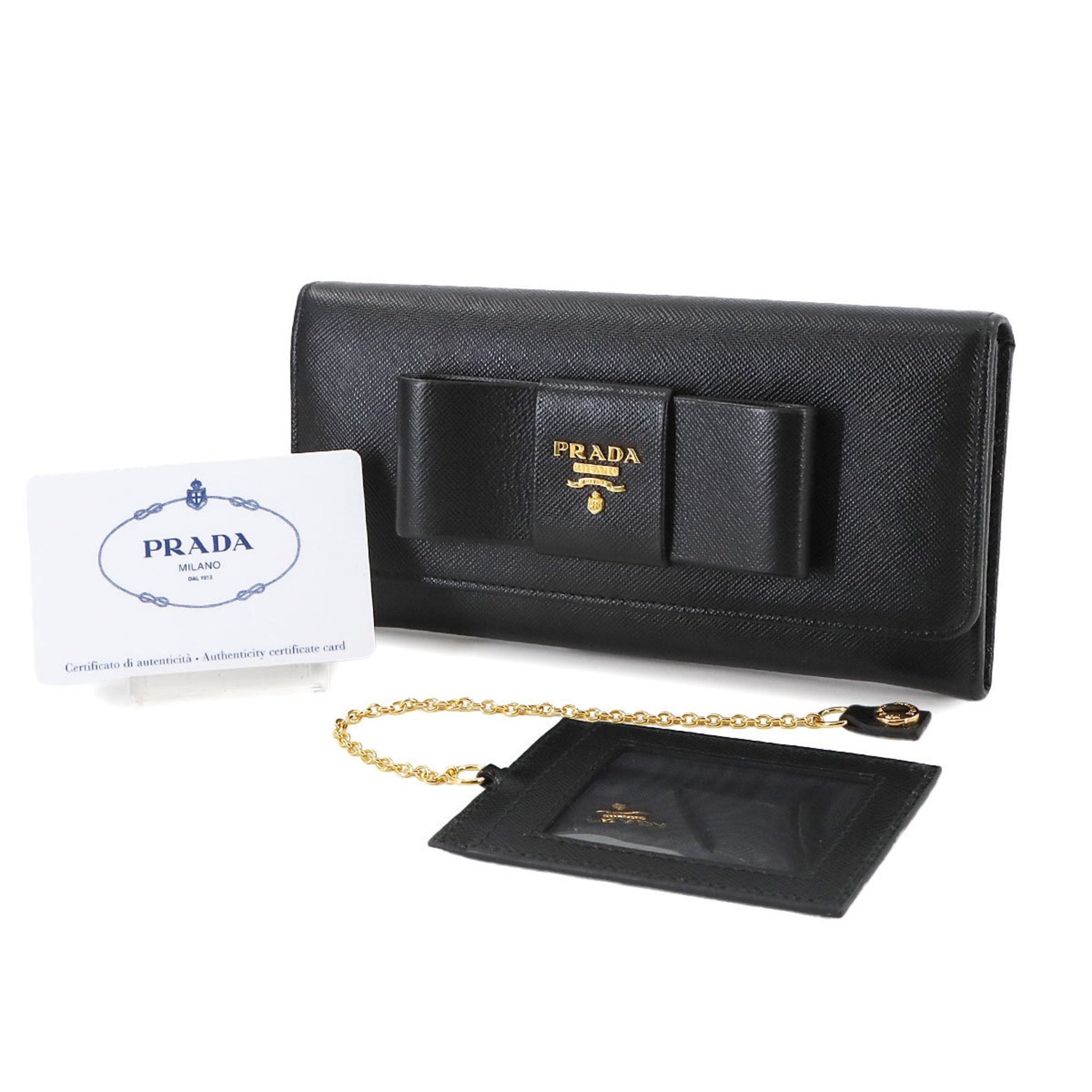 Prada Ribbon Bifold Long Wallet in Black Saffiano Leather with Gold Hardware, 1M1132
