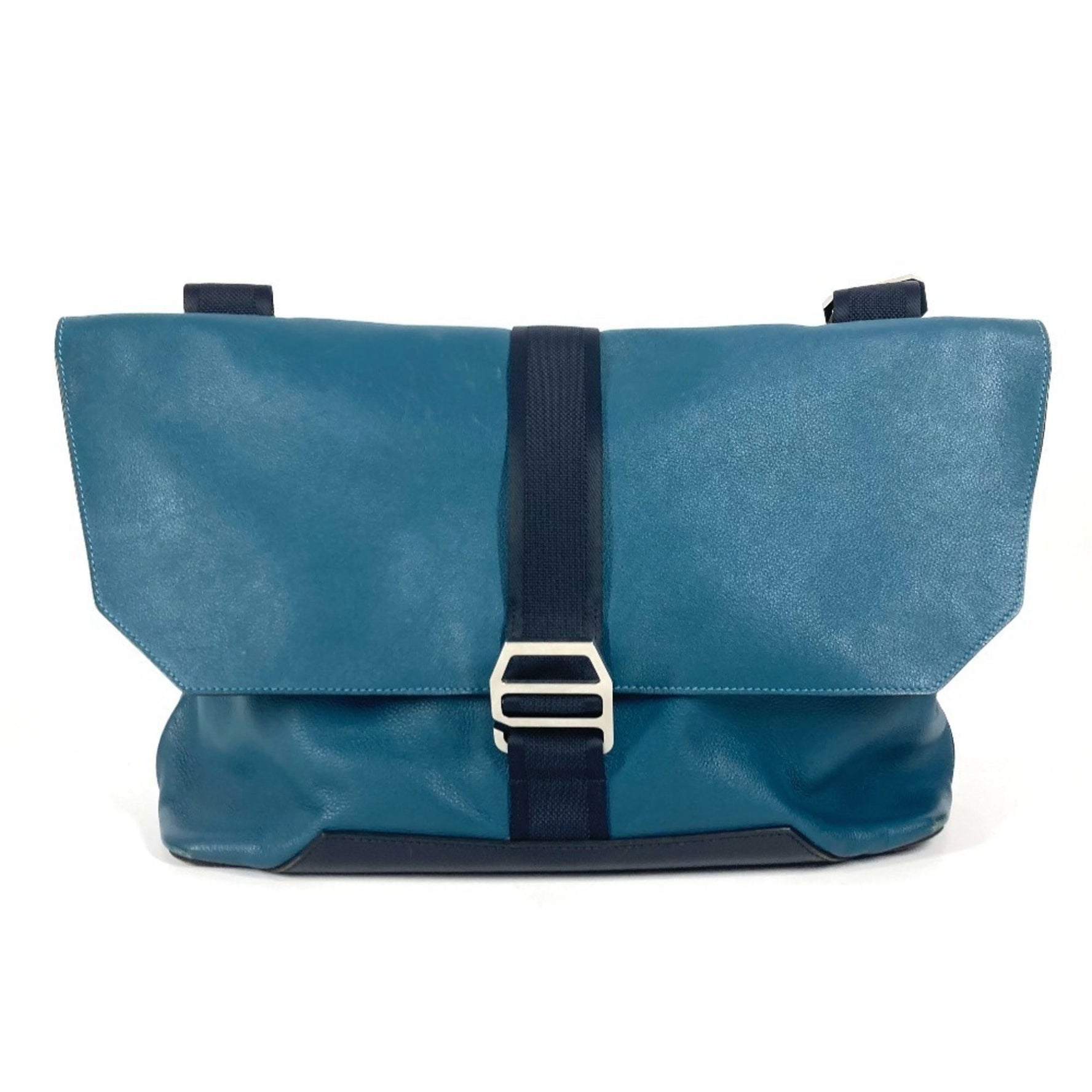 HERMES Flap City Slide Bag Crossbody Messenger Shoulder Leather Men's Blue