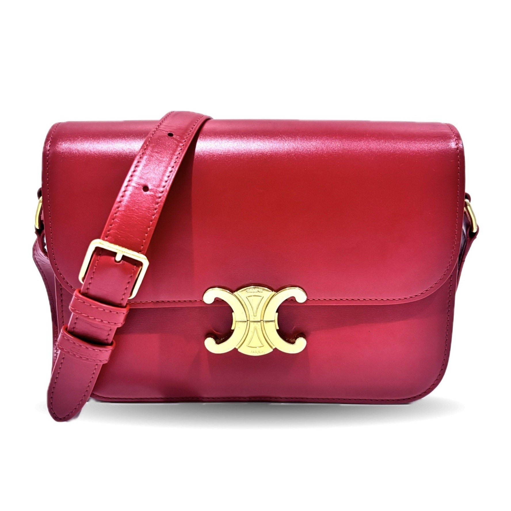 Celine Teen Triomphe bag in shiny calfskin and red leather.