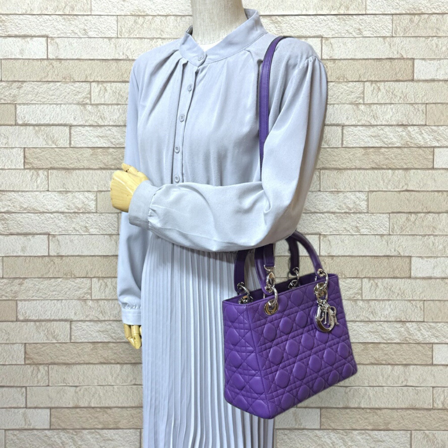 Christian Dior Dior Lady Medium Cannage Shoulder Bag Leather Purple Women's 2way