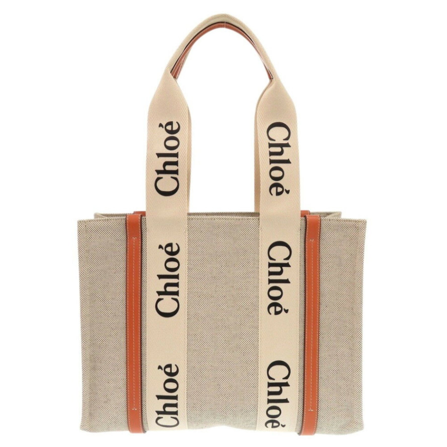 Chloé Like new Chloe WOODY Medium Tote Bag Leather Linen Canvas Beige Orange Handbag