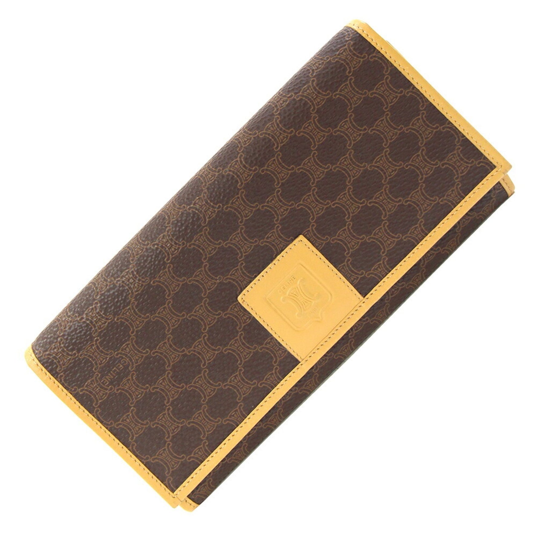 Celine bifold long wallet in macadam, dark brown, beige, PVC, and leather.
