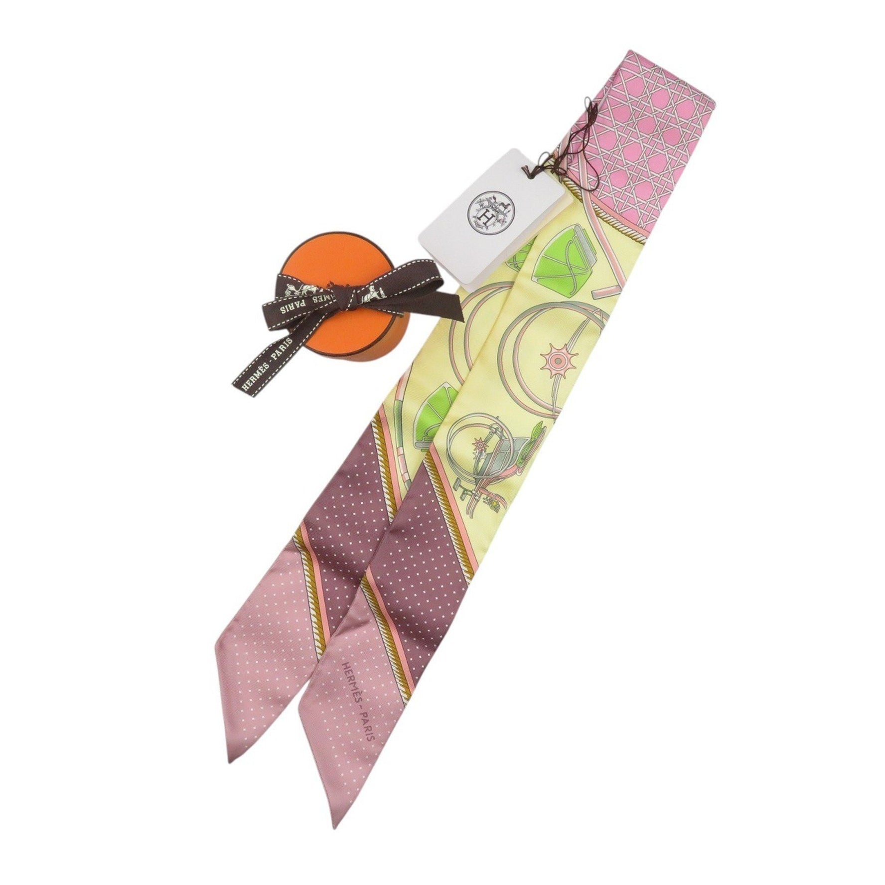 Like new Hermès Twilly Folding Canopy Carriage Silk Jaune Soufflé Scarf Muffler in Yellow and Pink