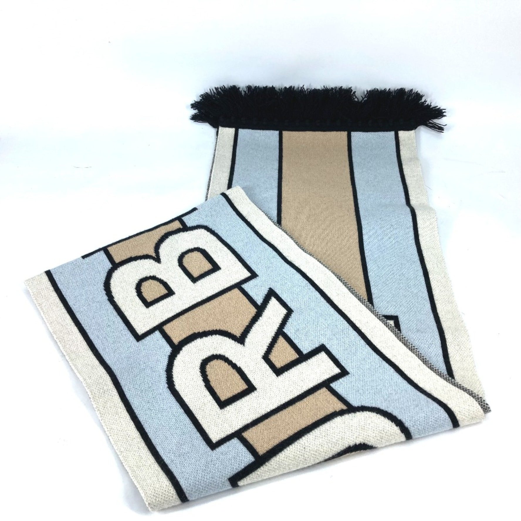 Burberry border fringe Scarf Beige White x Light Blue Based