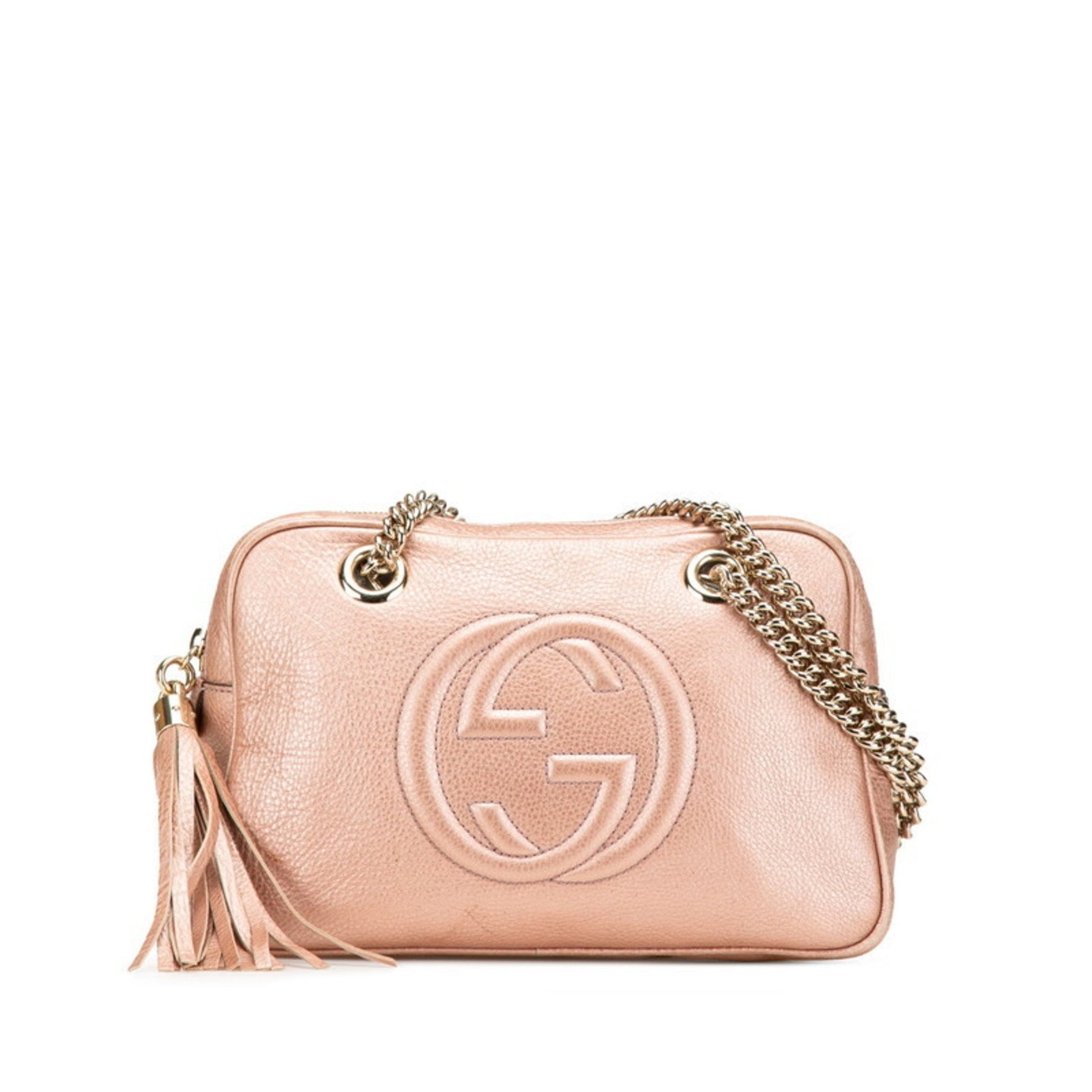 Gucci Soho Interlocking G Tassel Chain Shoulder Bag Pink Gold Leather