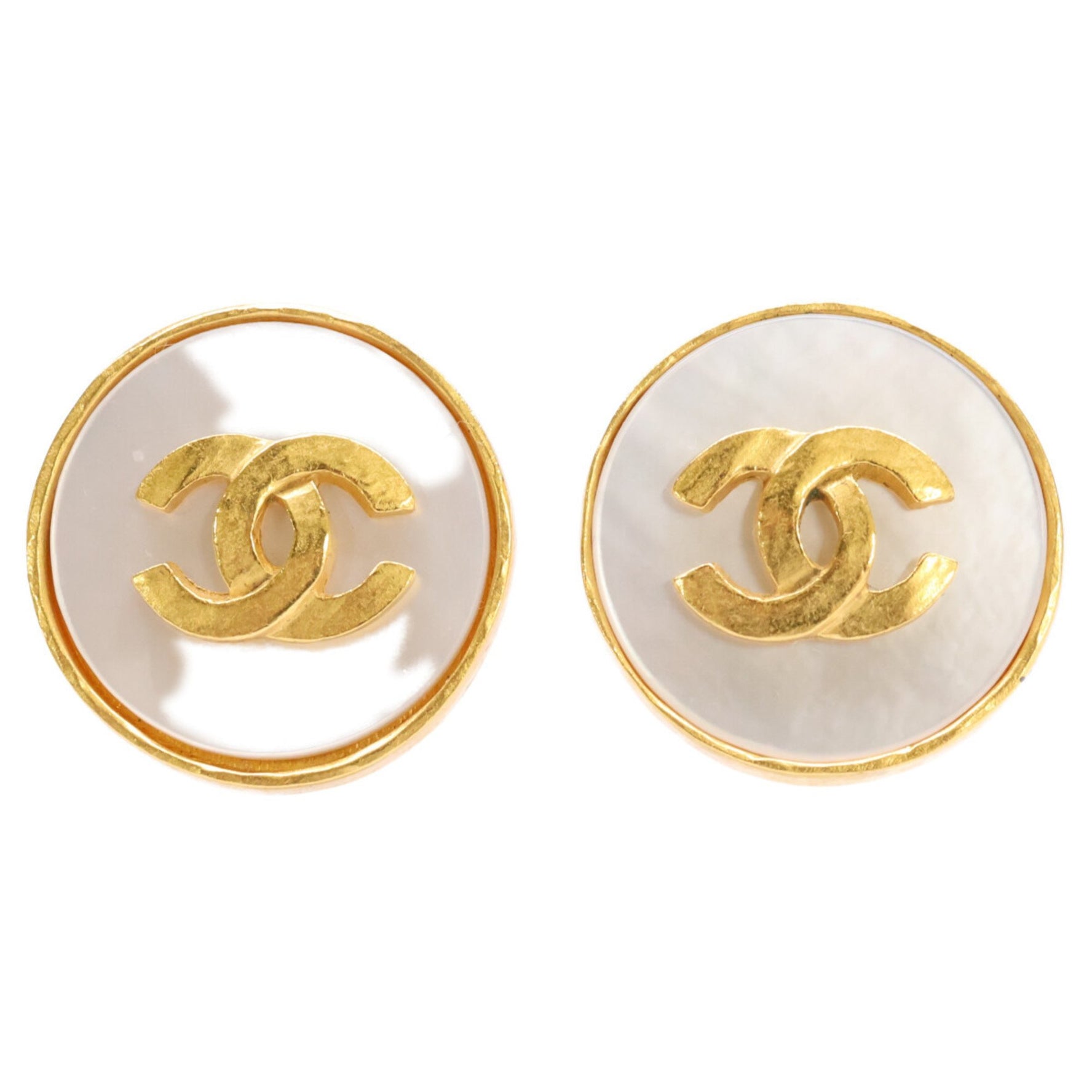 CHANEL Coco Mark Shell Circle Earrings, Gold and White