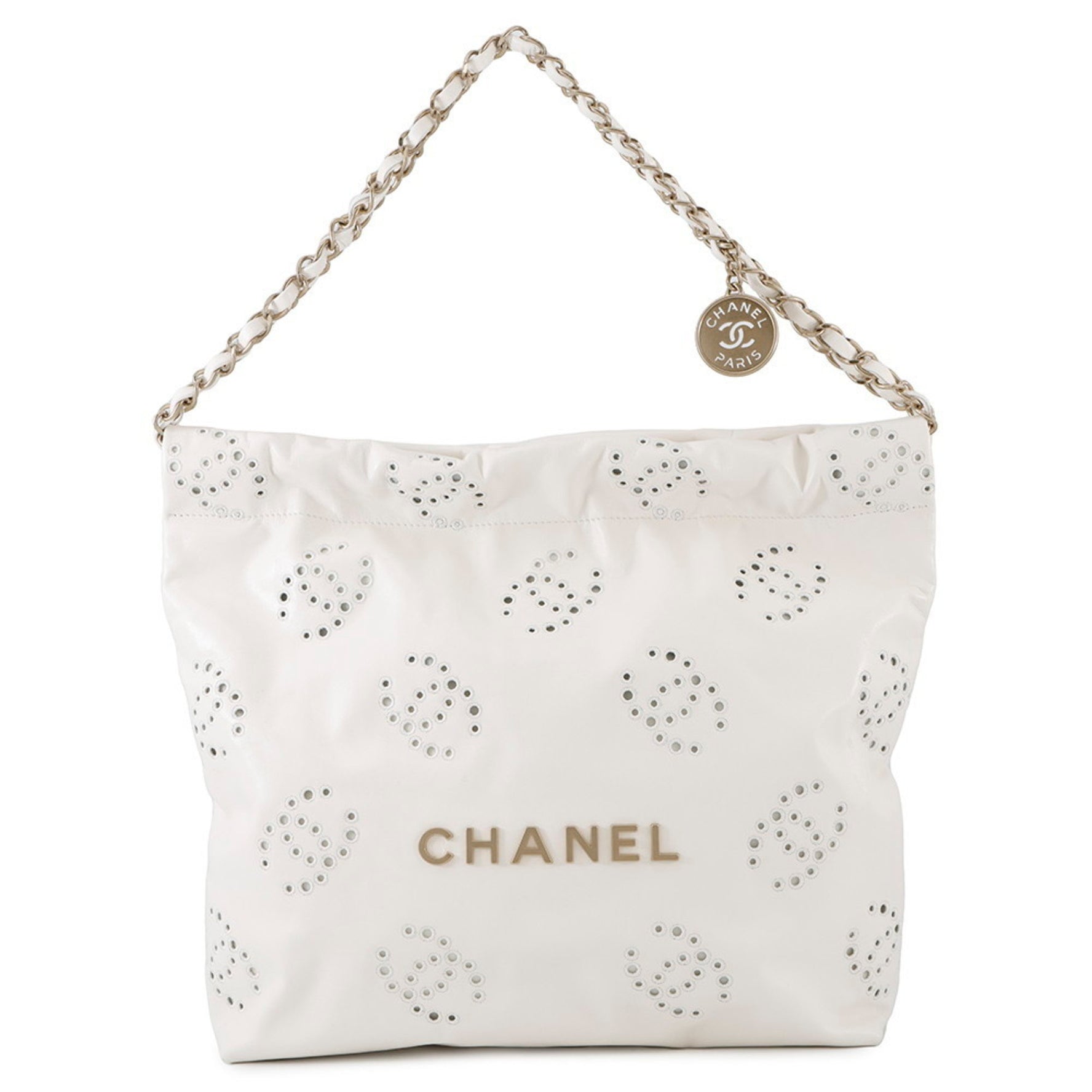 CHANEL 22 Matelasse Perforated Small Handbag in Shiny Calfskin Leather White