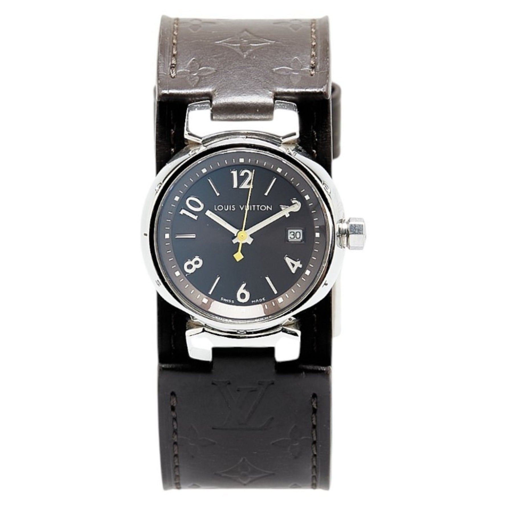 Louis Vuitton Tambour Watch Q1111 Quartz Brown Dial Stainless Steel Leather Men's LOUIS VUITTON