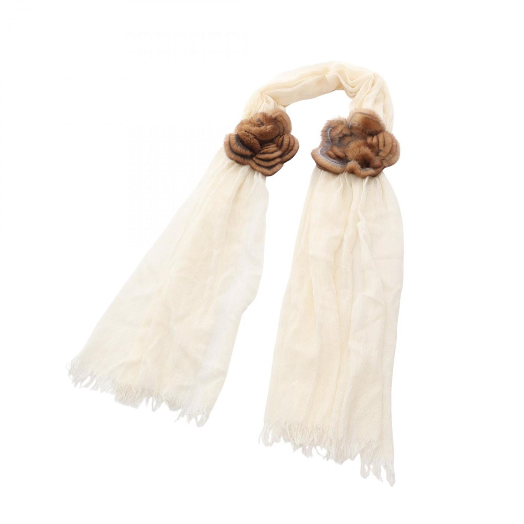FENDI Scarf/Stole, Silk, Cashmere, and Fur, Ivory Brown