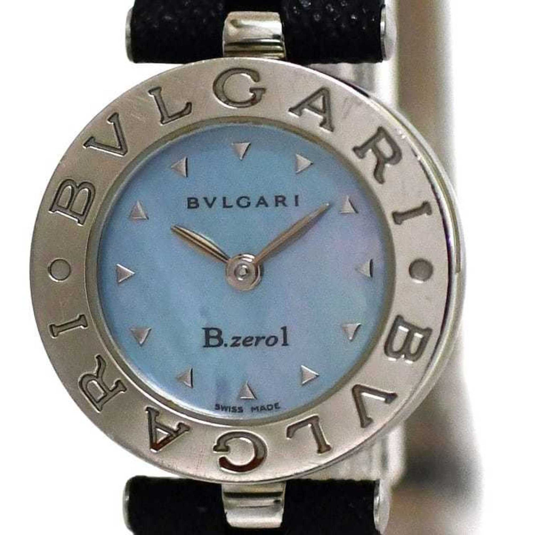 BVLGARI watch blue shell, silver, black, BZ 22 S SS, leather, quartz movement, battery-operated, shell dial, genuine bracelet included