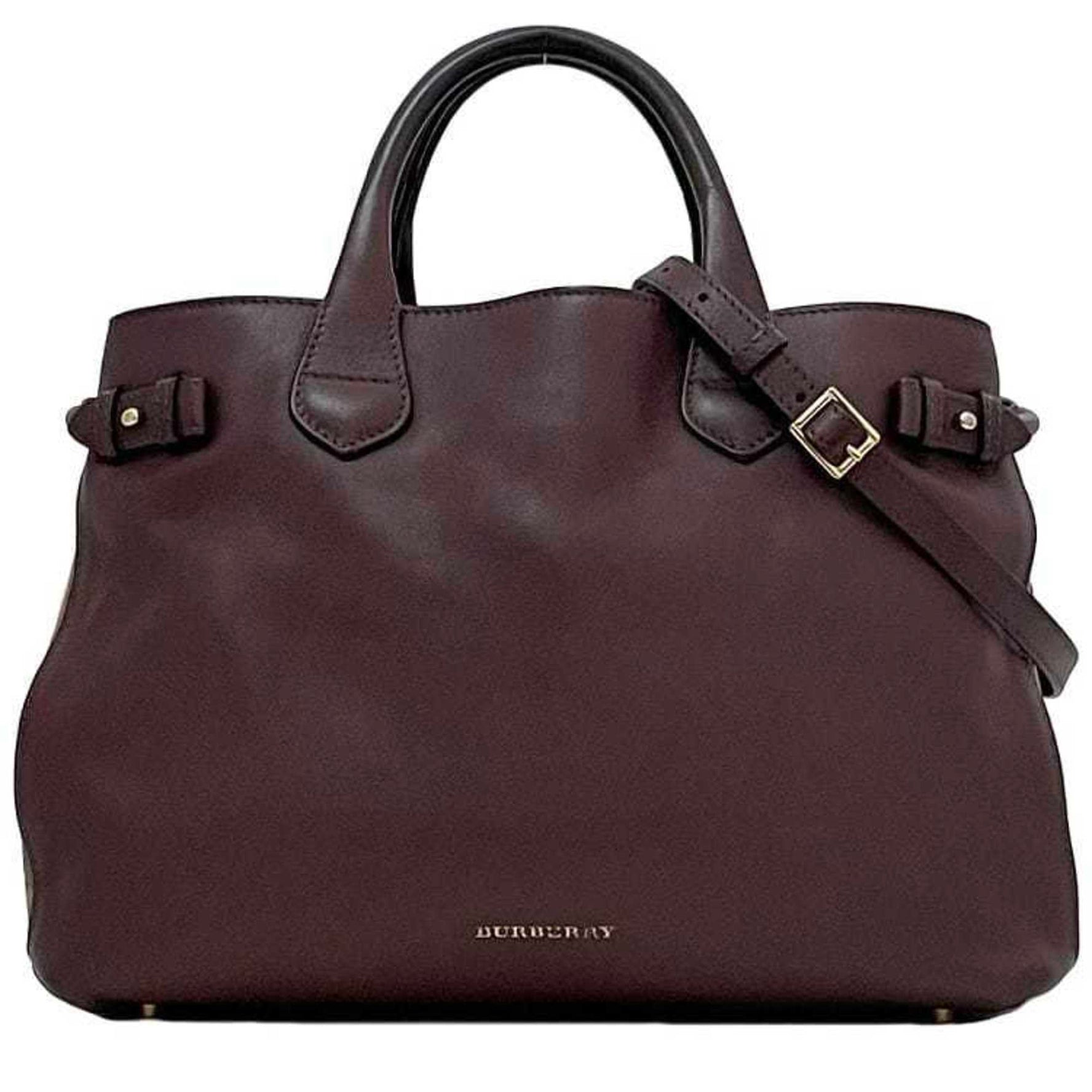 Burberry bag Bordeaux beige check pattern Leather Canvas Handbag Tote Shoulder Wine red
