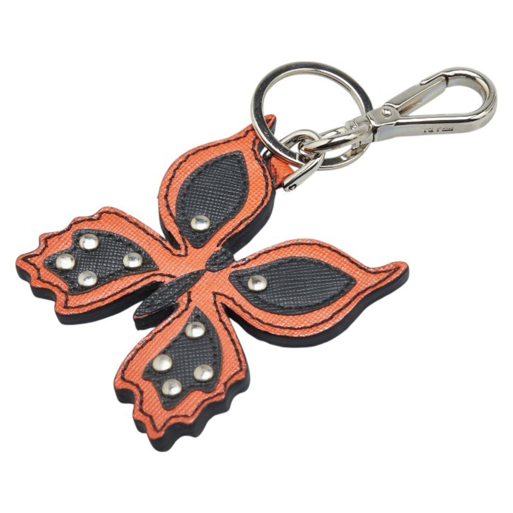 Prada Butterfly Motif Keychain Key Ring in Orange, Black, Silver, Leather and Metal for Women
