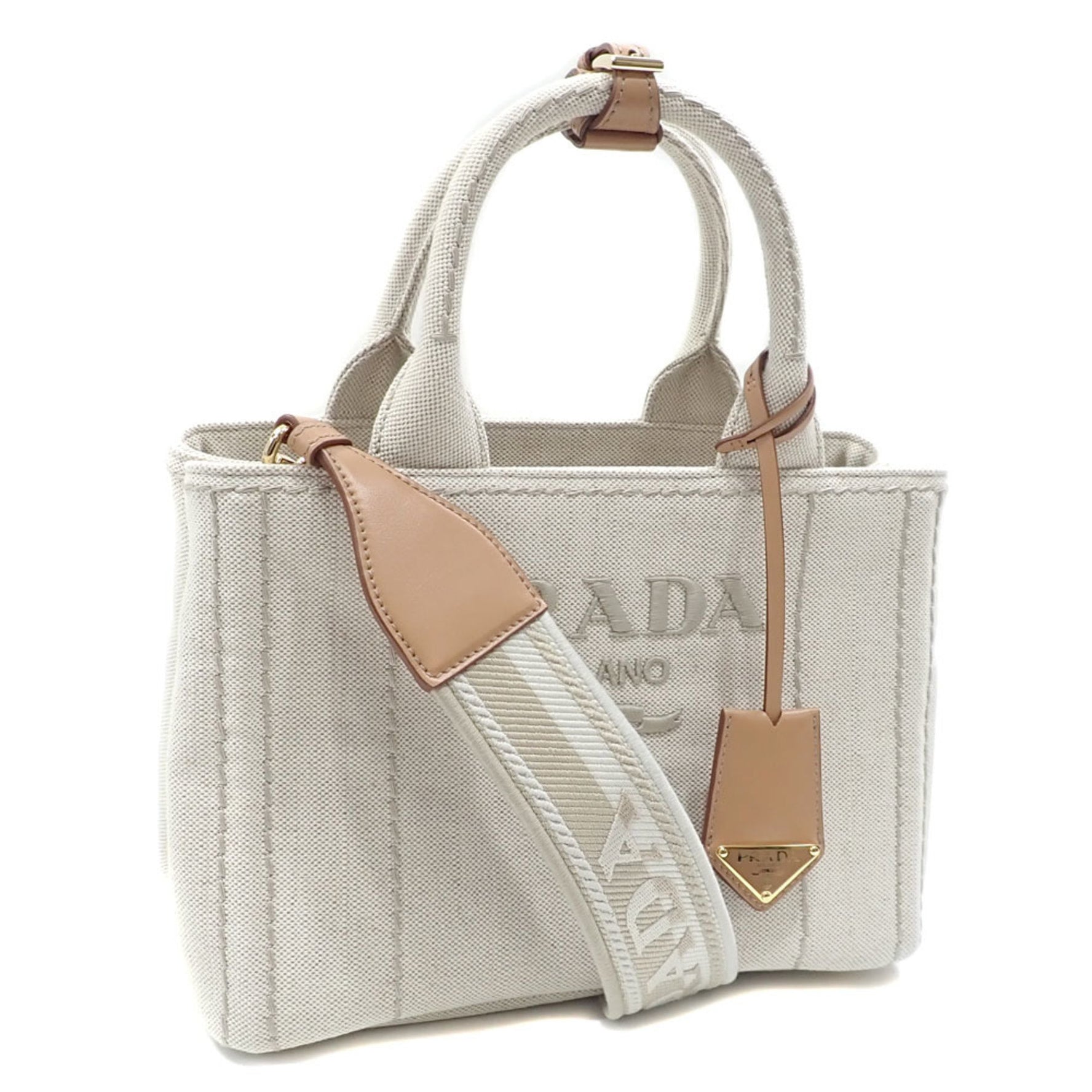 Prada Small Linen Blend Tote Bag, Natural Canvas and Leather, 1BG464_2CX9_F0018_V_8OM