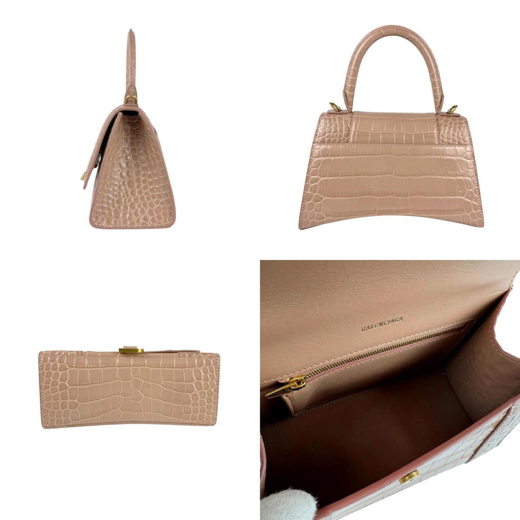 Balenciaga Hourglass Embossed Leather Shoulder Bag in Pink Beige