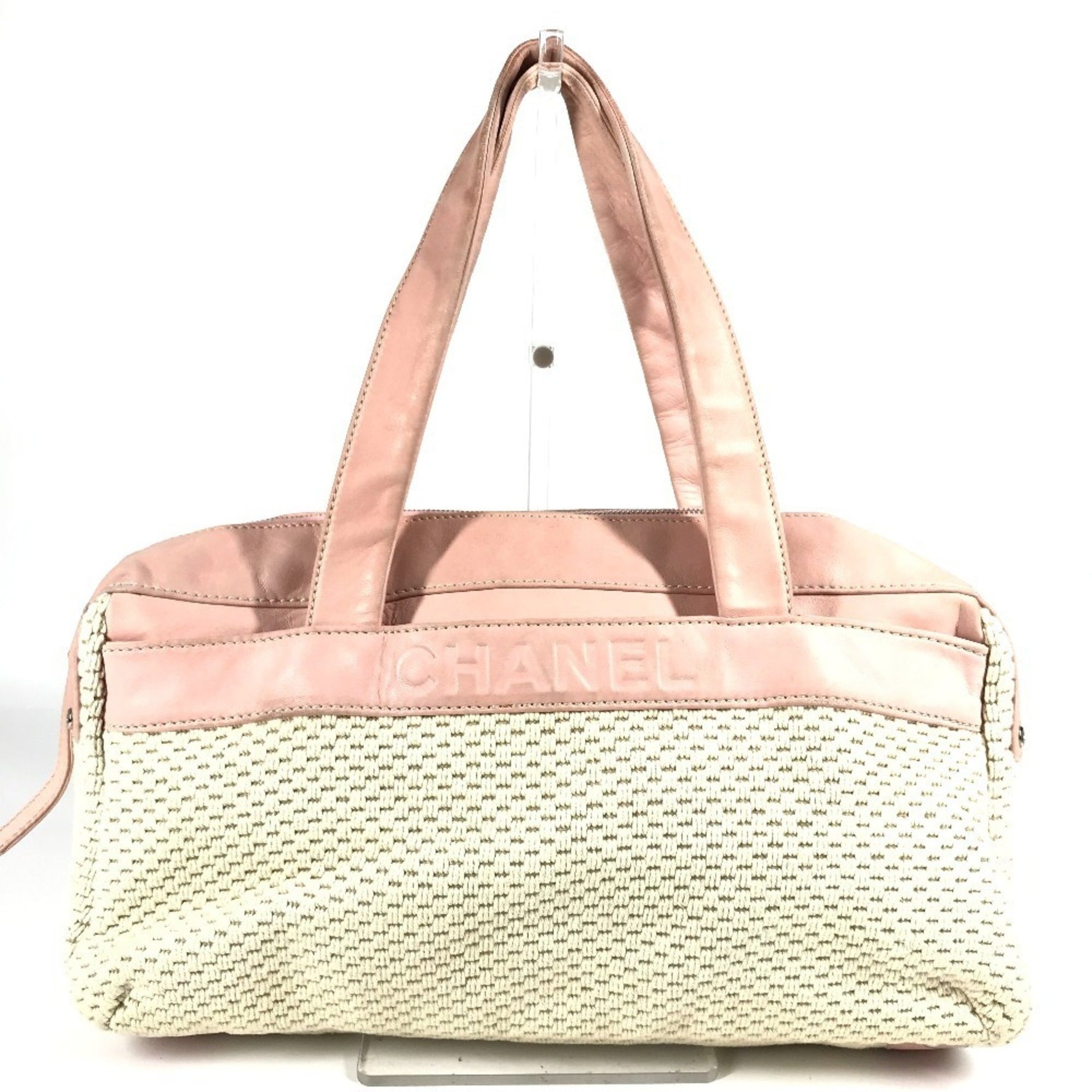 CHANEL Logo Handbag Mini Boston Bag Shoulder Leather/Canvas Pink