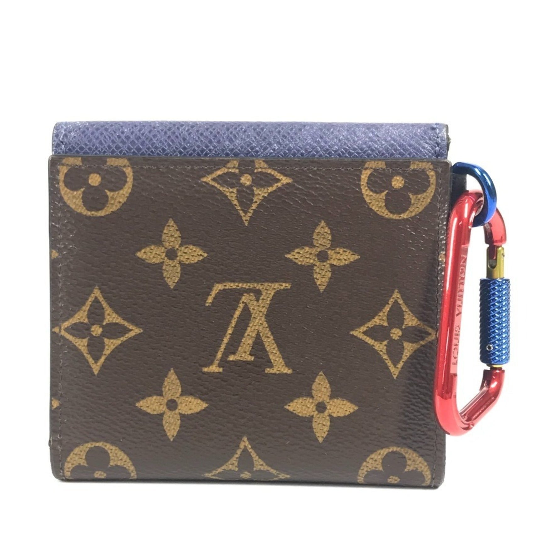 LOUIS VUITTON Monogram & Taiga Compact Wallet with Carabiner, Bifold in Canvas and Leather, Blue Red Women
