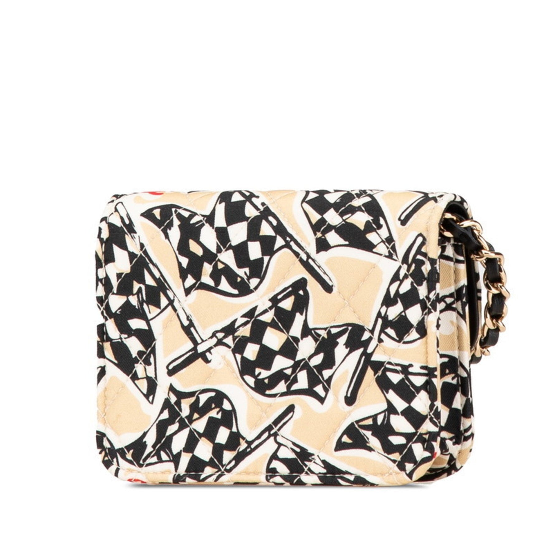 CHANEL Matelasse Coco Mark Checkered Flag Motif Mini Chain Shoulder Bag in Beige and Black Canvas Leather