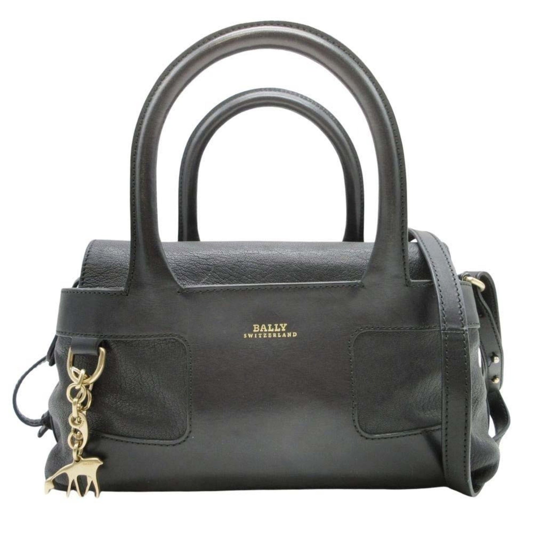 BALLY 2WAY Leather Handbag Shoulder Bag Animal Charm Swiss Made Black Women's