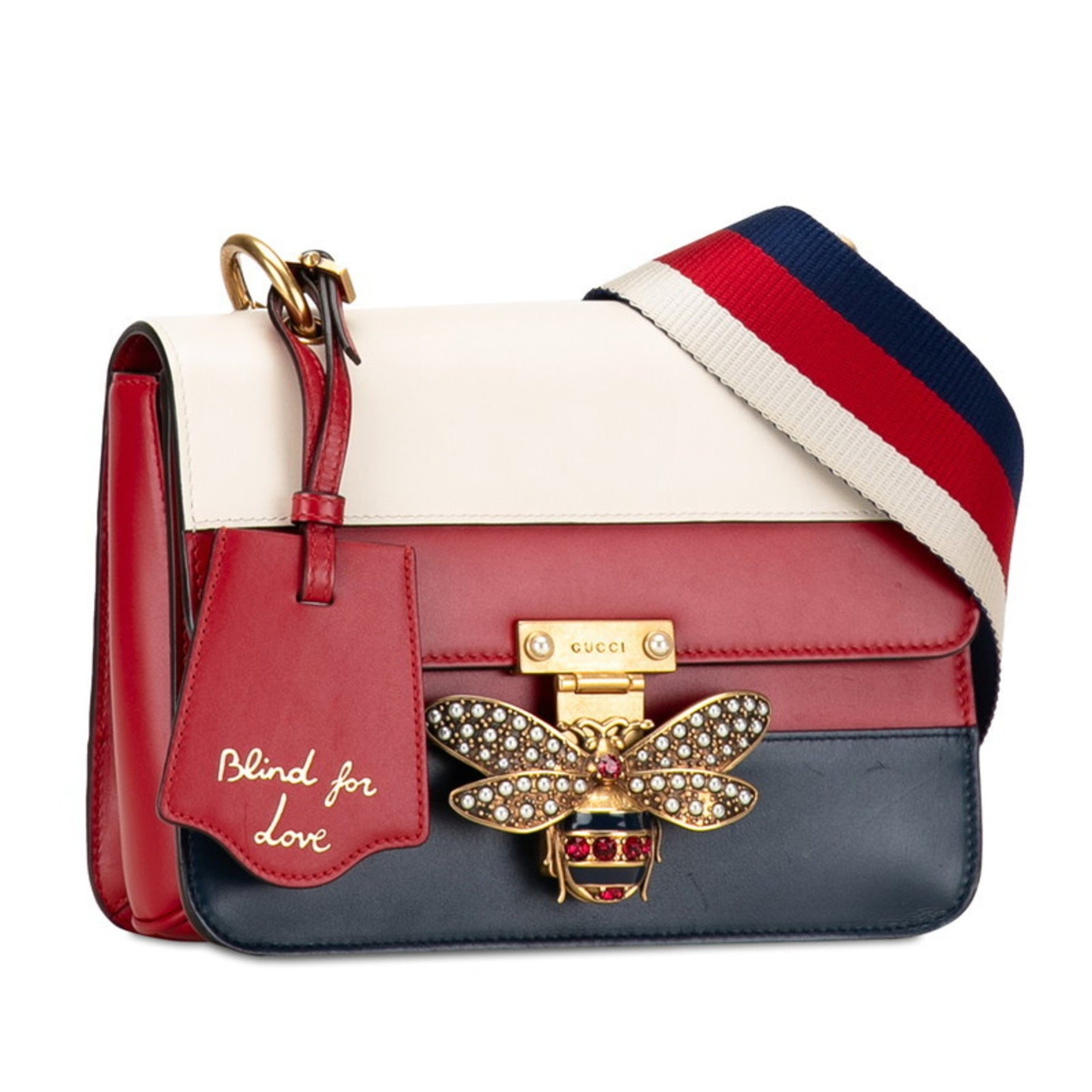 Gucci Queen Margaret Bee Tricolor Shoulder Bag White Red Navy Leather