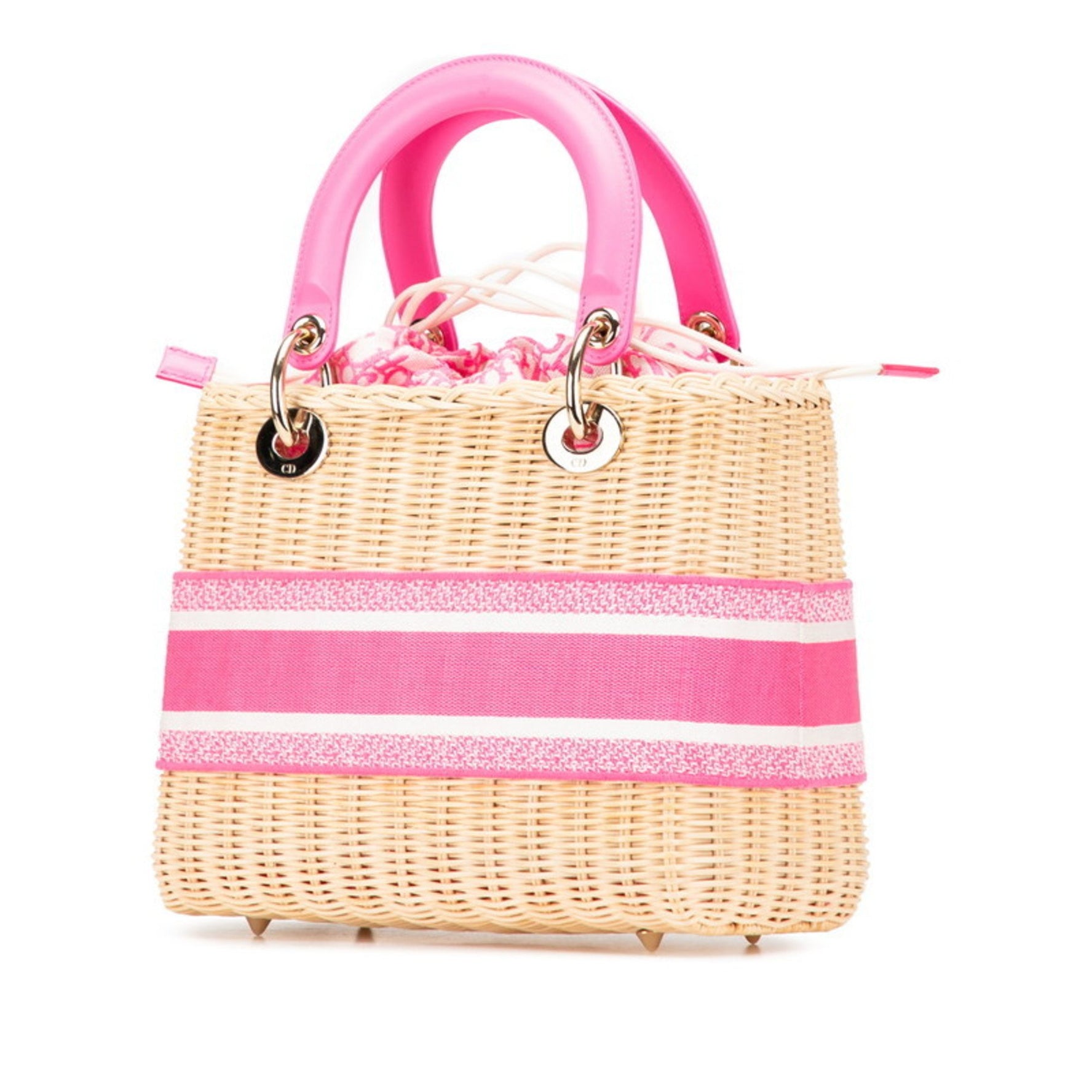 Christian Dior Dior Lady Wicker Handbag/Shoulder Bag, Beige, Pink, Rattan, Canvas, Leather