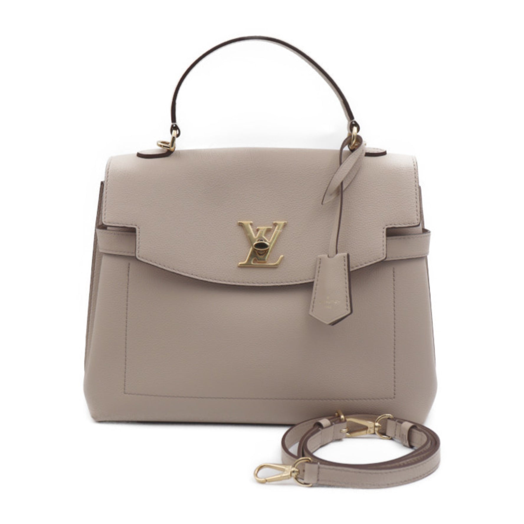 Louis Vuitton Lockme Ever MM Handbag Grained Calf Leather Greige Shoulder Bag Turn Lock