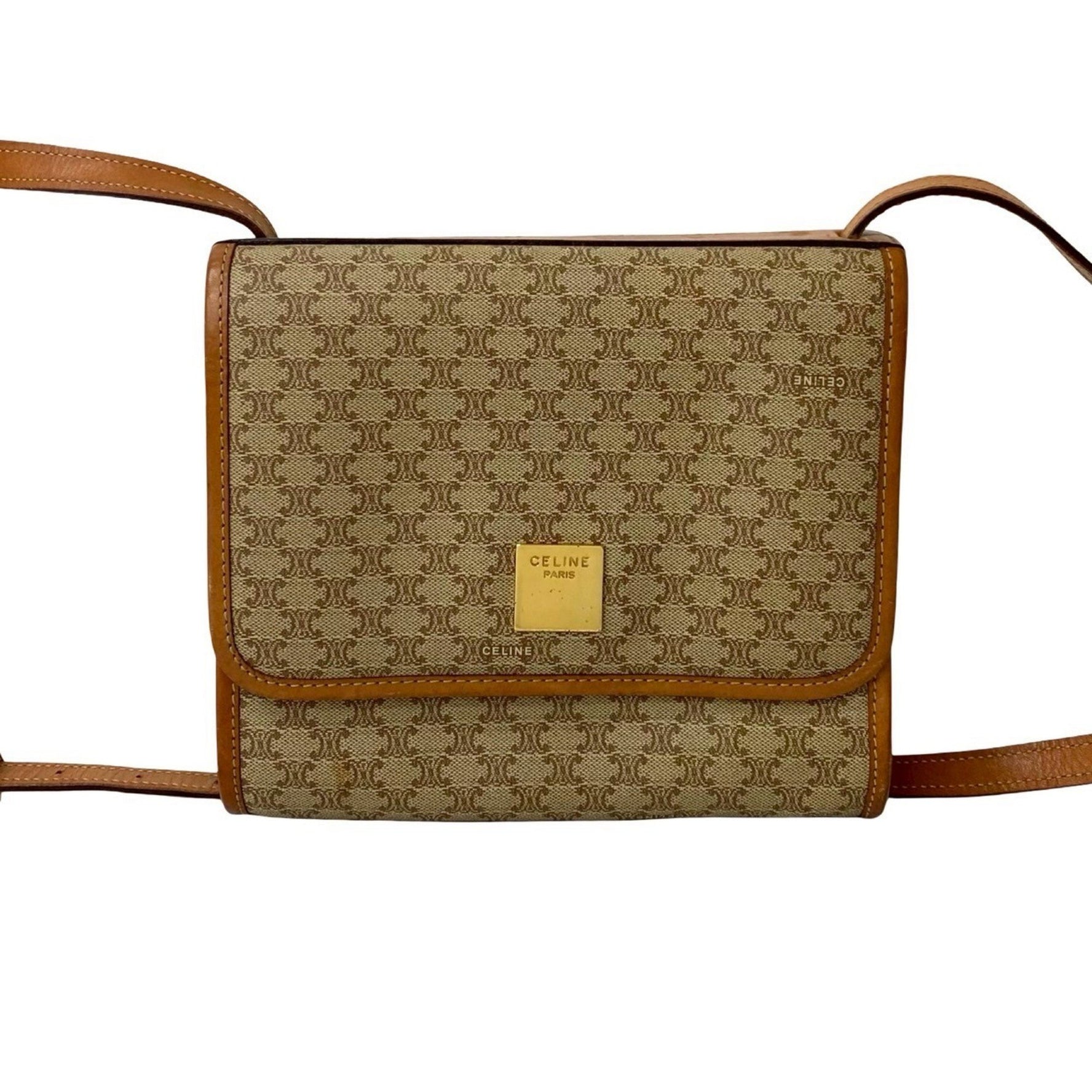 CELINE Macadam Blason Pattern Logo Hardware Reversible Leather Shoulder Bag Beige Brown