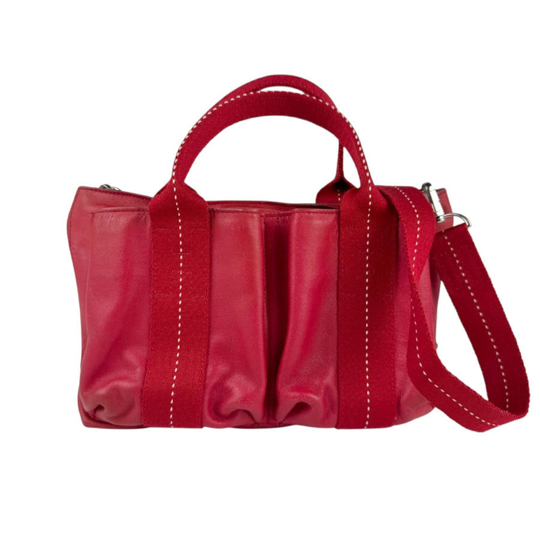 Hermes Hermès Caravan Horizontal PM Handbag Shoulder Bag Leather Cotton Red Silver Women's z6588