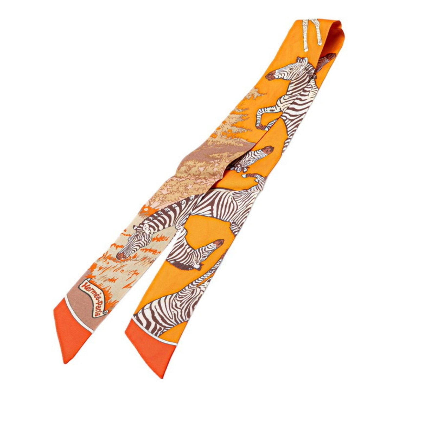 Hermès Twilly "Les Zebras" Zebra Scarf, Orange Multicolor Silk, HERMES