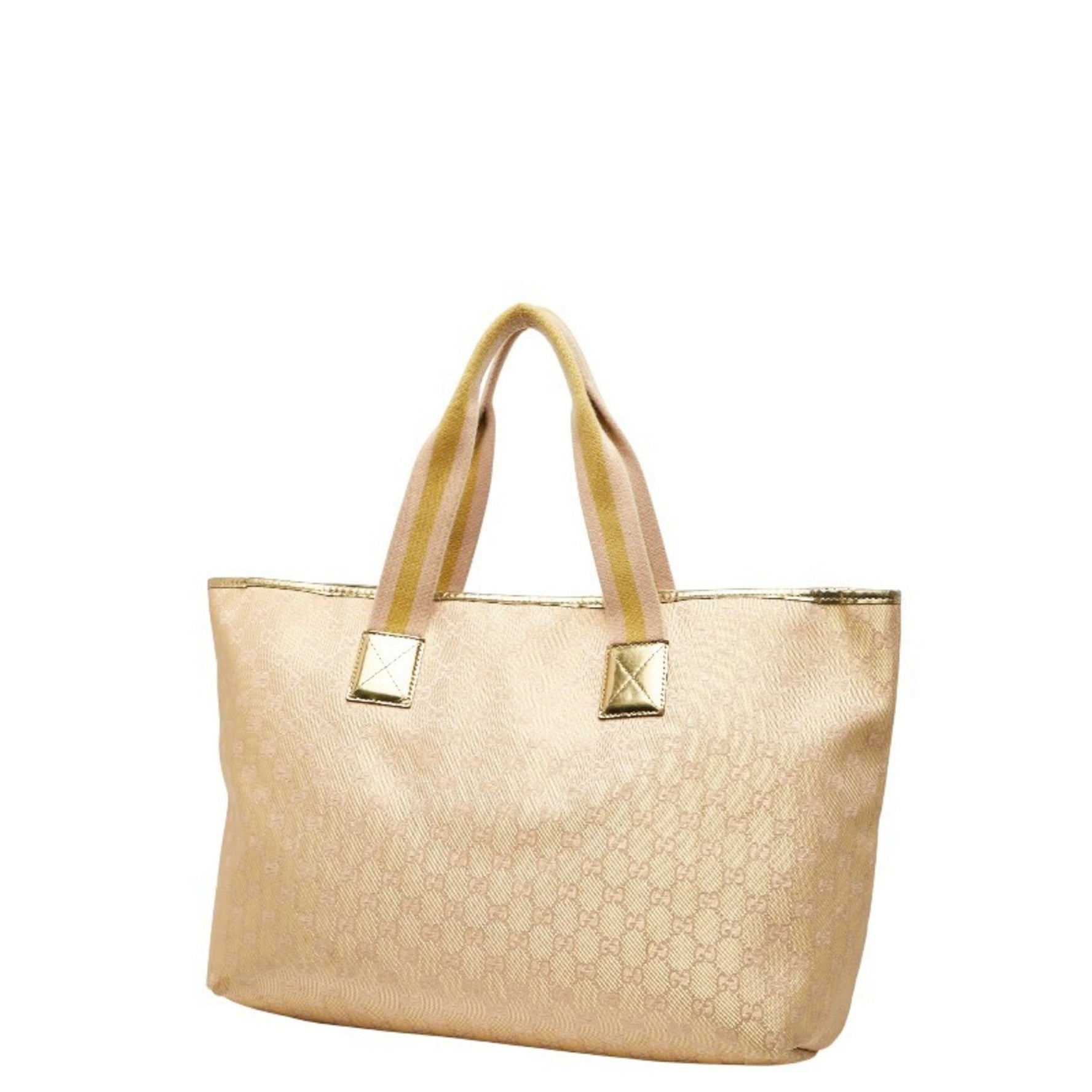 Gucci GG Canvas Handbag Tote Bag Beige Gold Leather