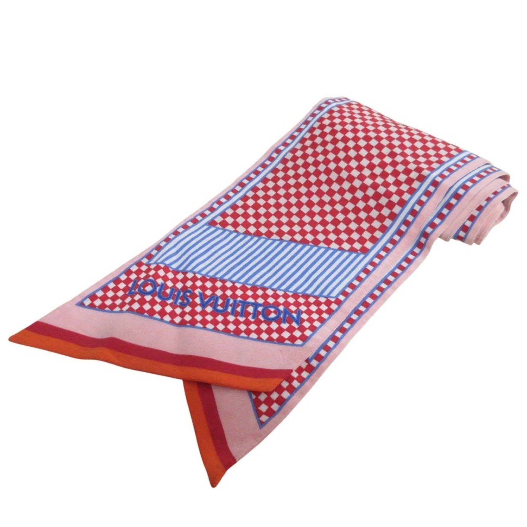 Louis Vuitton Damier Bandeau Aquarelle Silk Scarf Muffler Ribbon Tie Red