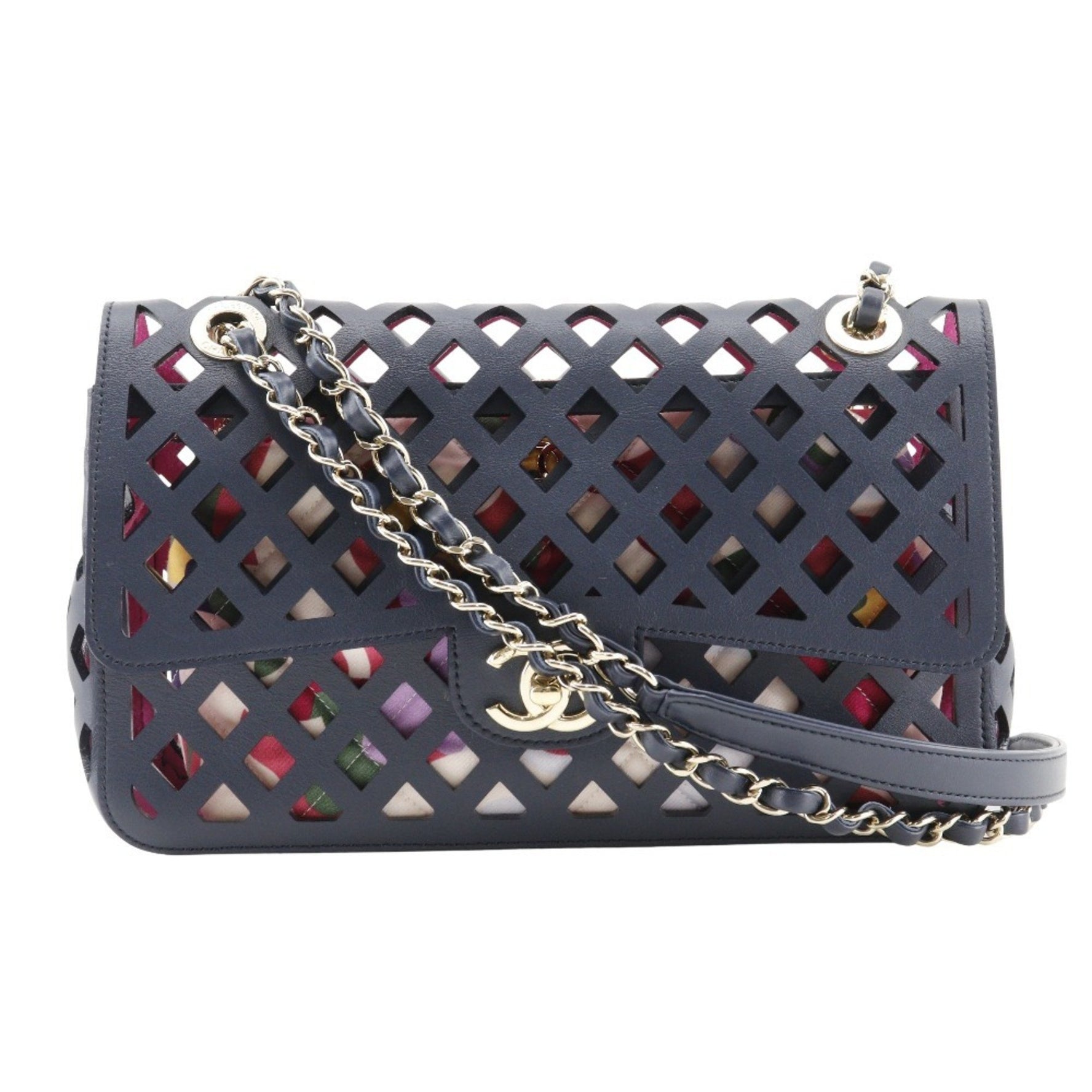 CHANEL Chain Shoulder Bag Punching AS2376 Calf Navy A5 Turnlock ChainShoulder Women's