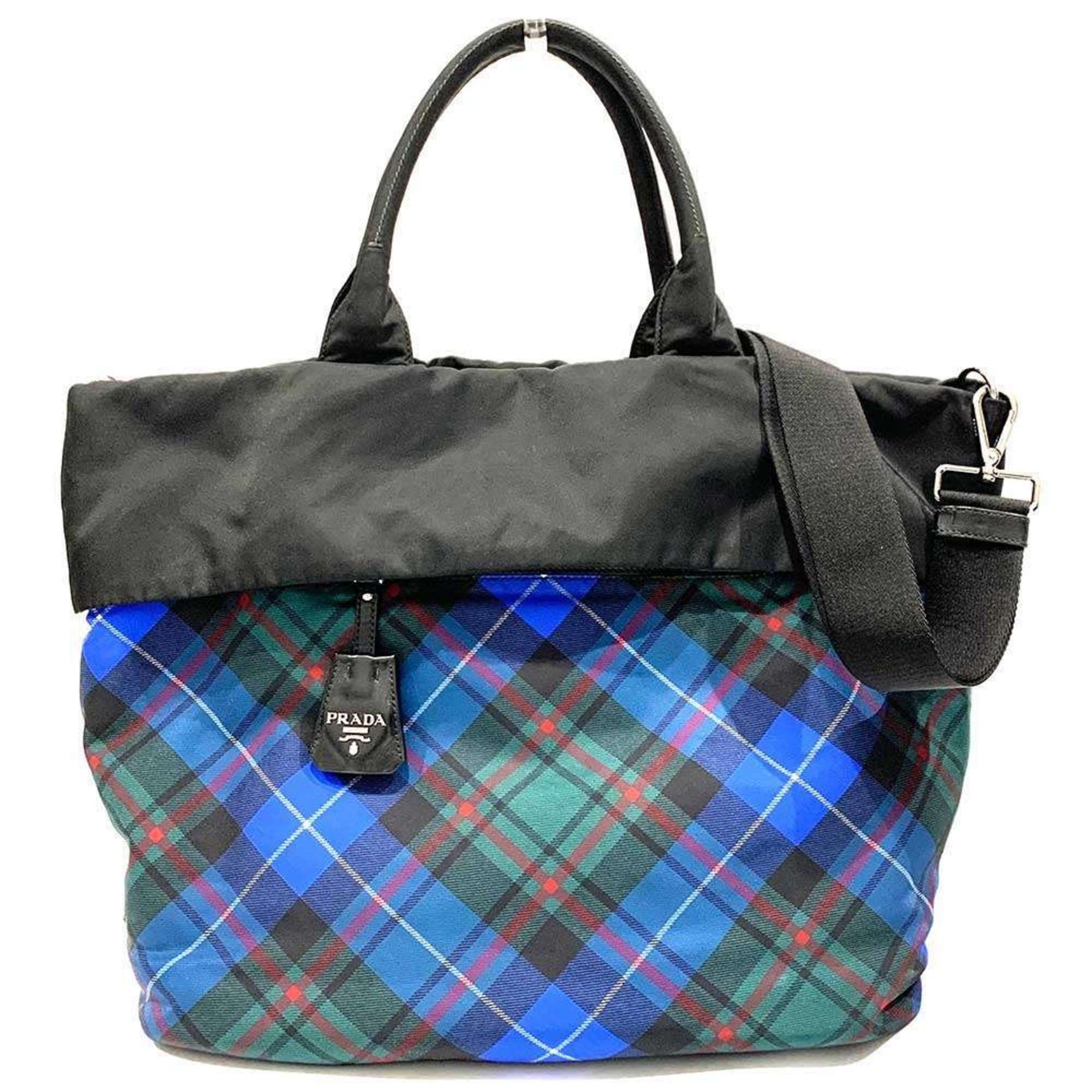 Prada Handbag BR4521 Black Blue Nylon Leather Reversible Check Pattern Shoulder Bag Women's PRADA