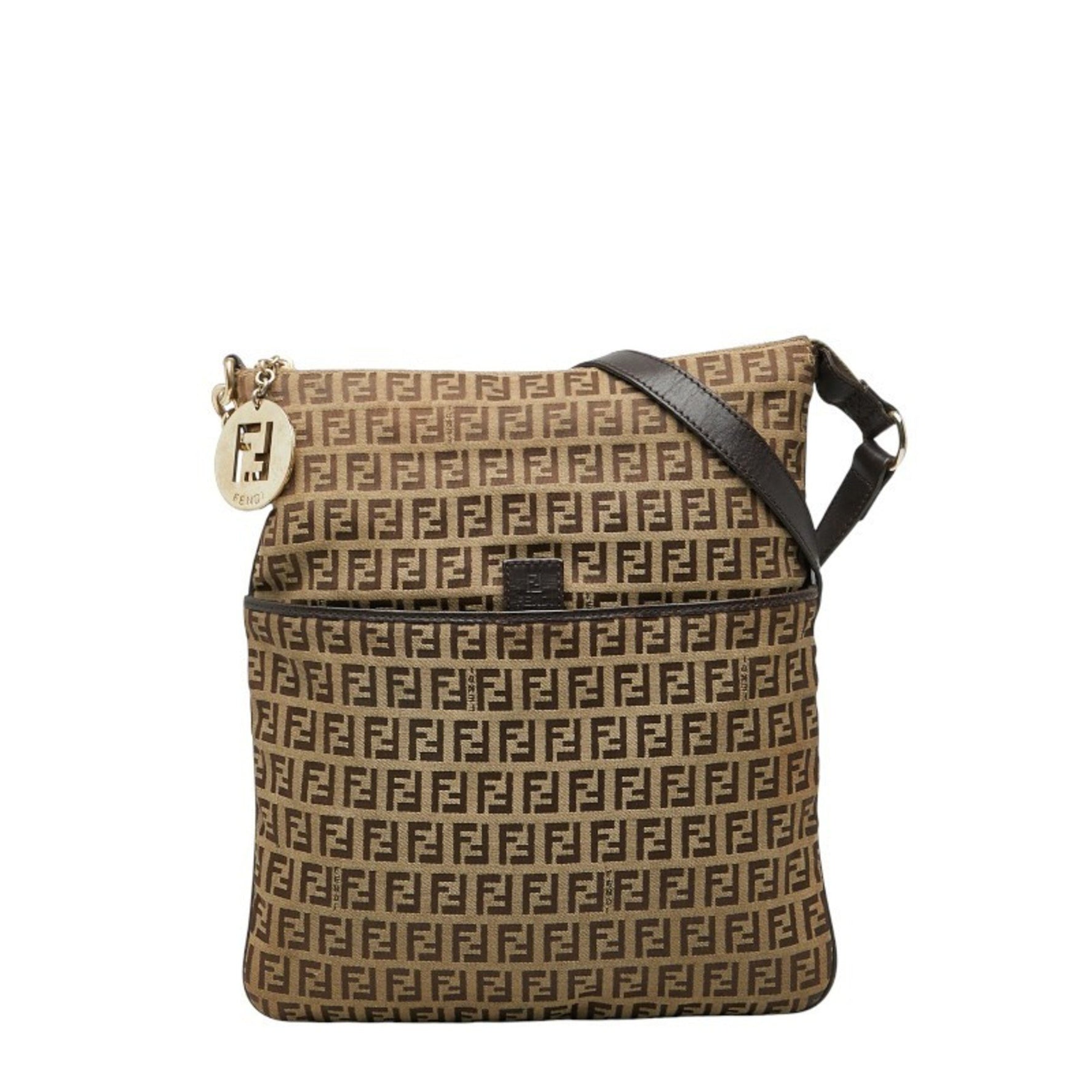 Fendi Zucchino Crossbody Shoulder Bag Beige Brown Canvas Leather