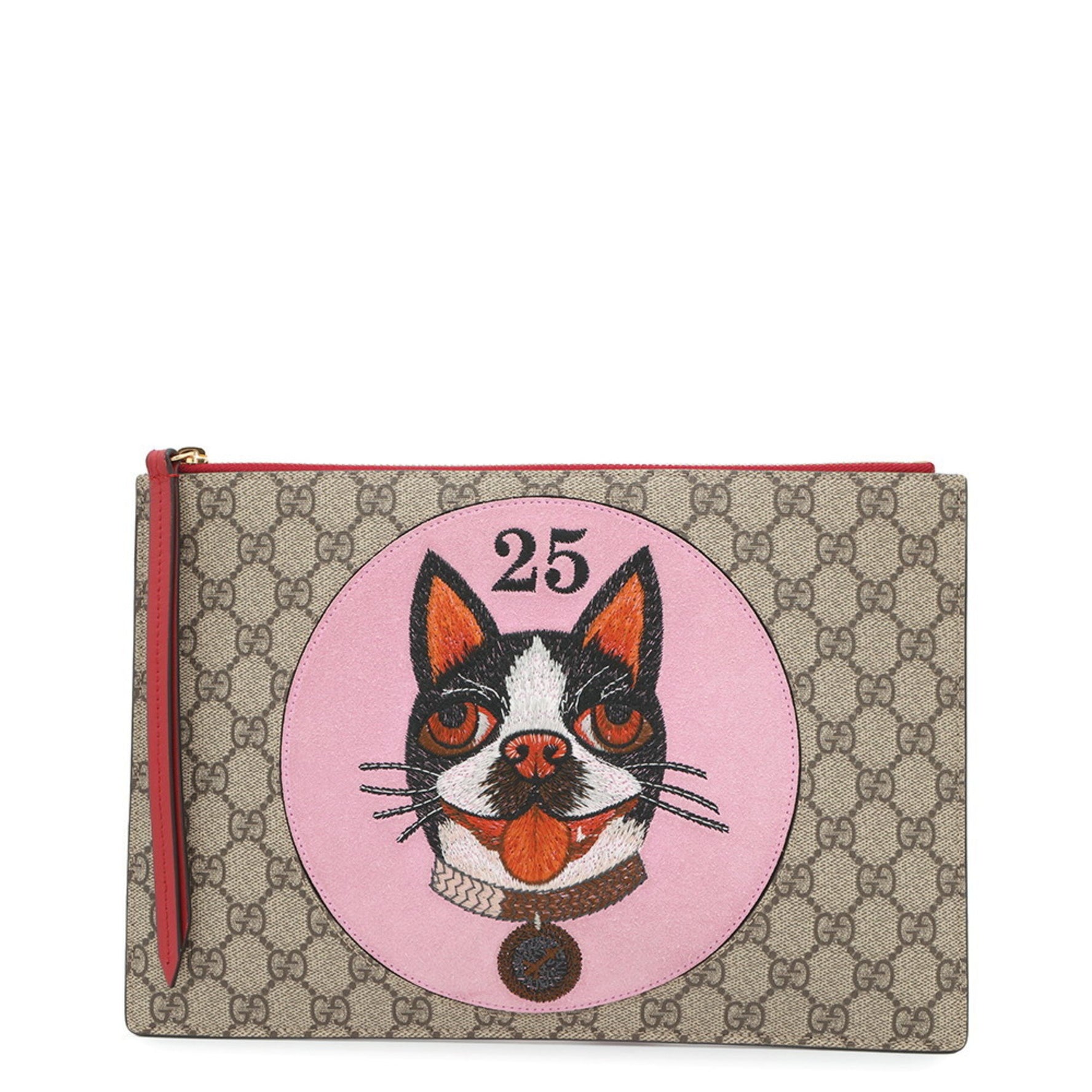 Gucci Bosco clutch bag with GG Supreme suede and leather appliqué featuring an embroidered dog.