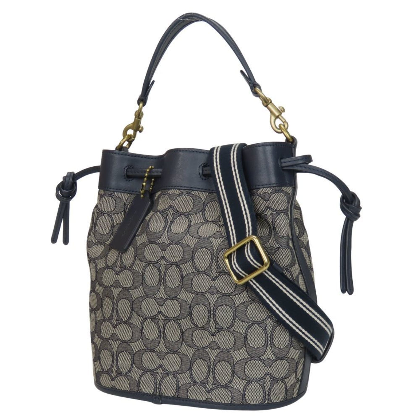 Coach Shoulder Bag Field Bucket Signature Canvas Leather Navy Grey