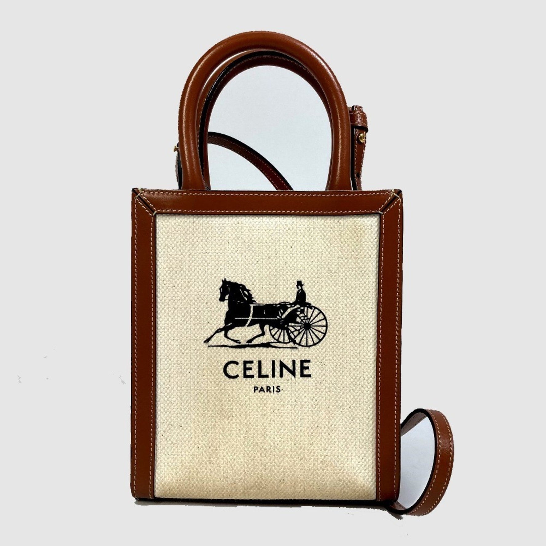 CELINE Horse-Drawn Vertical Cabas Mini Shoulder Bag in Canvas/Leather, Natural Beige
