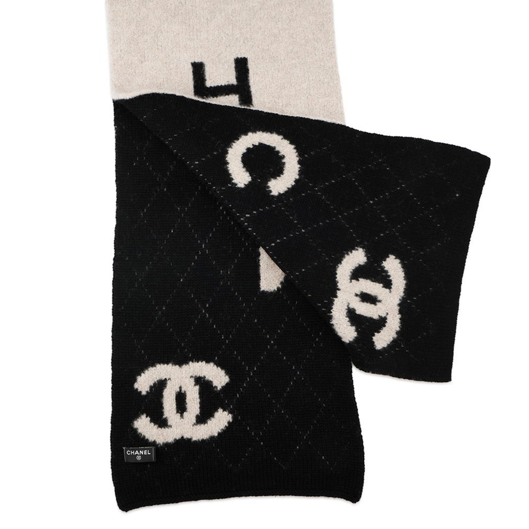 CHANEL scarf/stole with Coco Mark, camellia pattern, wool, cashmere, reversible, black