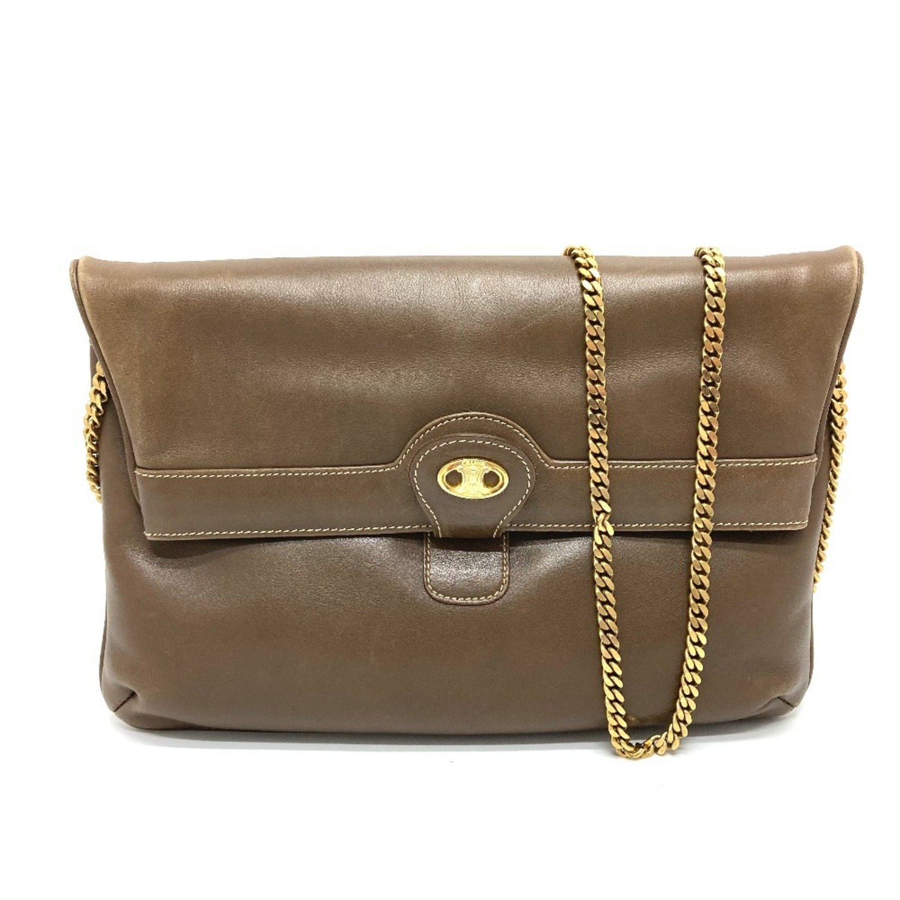 CELINE Vintage Chain Clutch Shoulder Bag with Logo Hardware, Leather