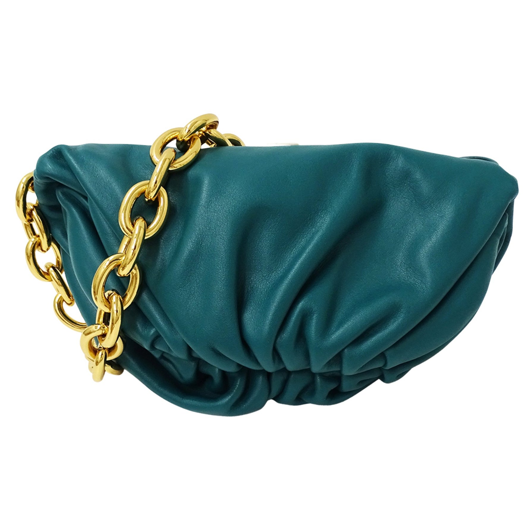 Bottega Veneta The Chain Pouch, a brand shoulder bag/body bag in blue-green leather This small mini features chain strap.