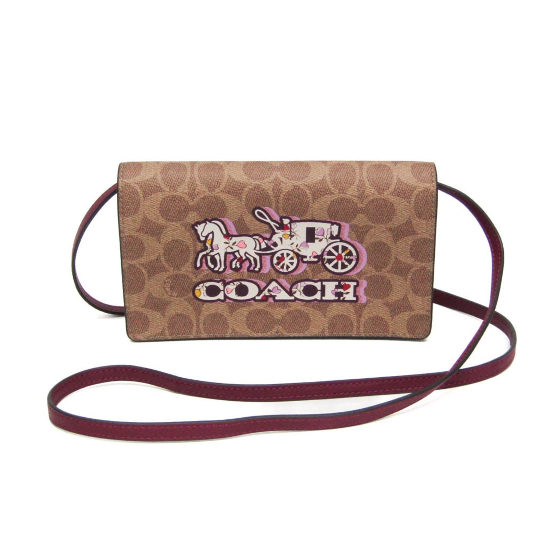 Coach Signature Anna Foldover Leather,PVC Shoulder Bag Beige,Brown,Purple