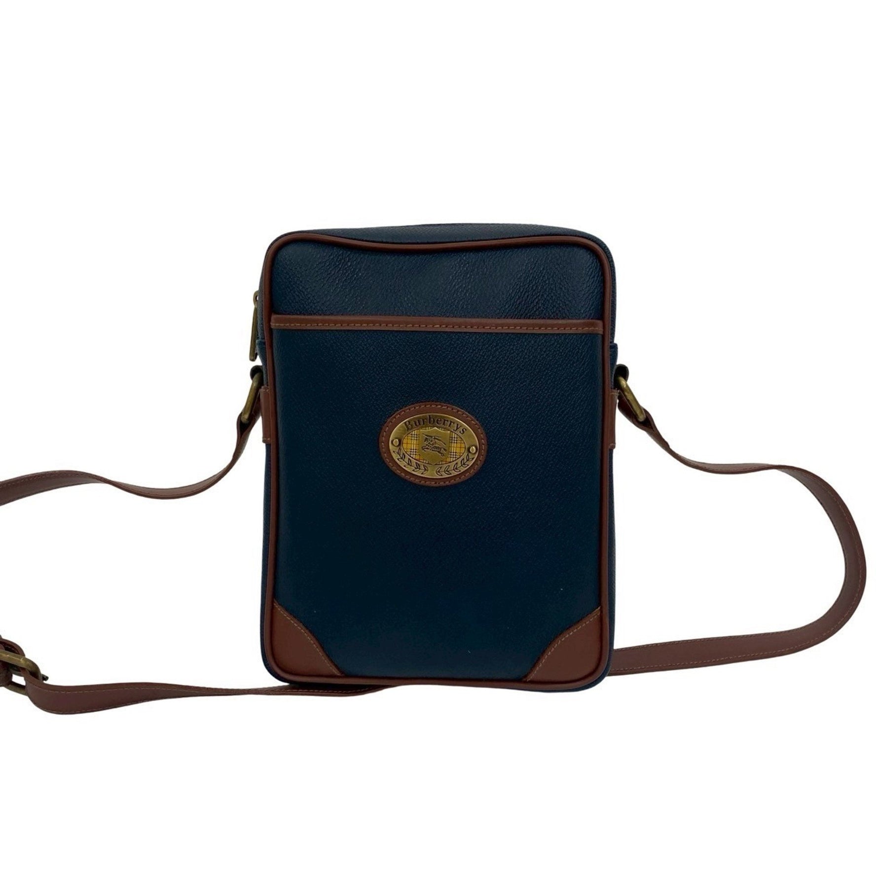 Burberry's Nova Check Shadow Horse Logo Leather Shoulder Bag/Pochette in Navy and Brown