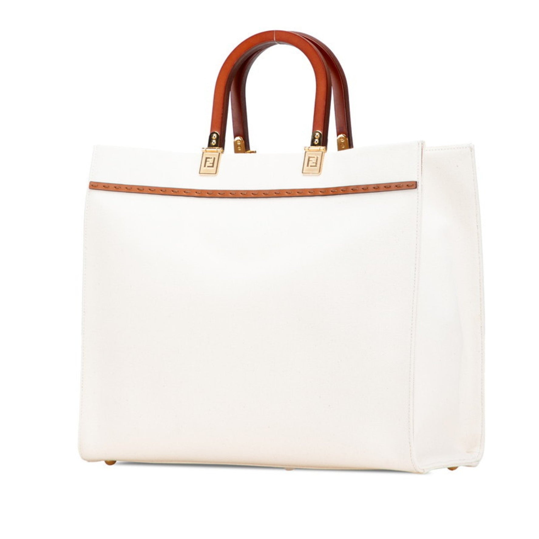Fendi Sunshine Medium Handbag/Shoulder Bag White, Beige, Brown Canvas, Wood, Leather