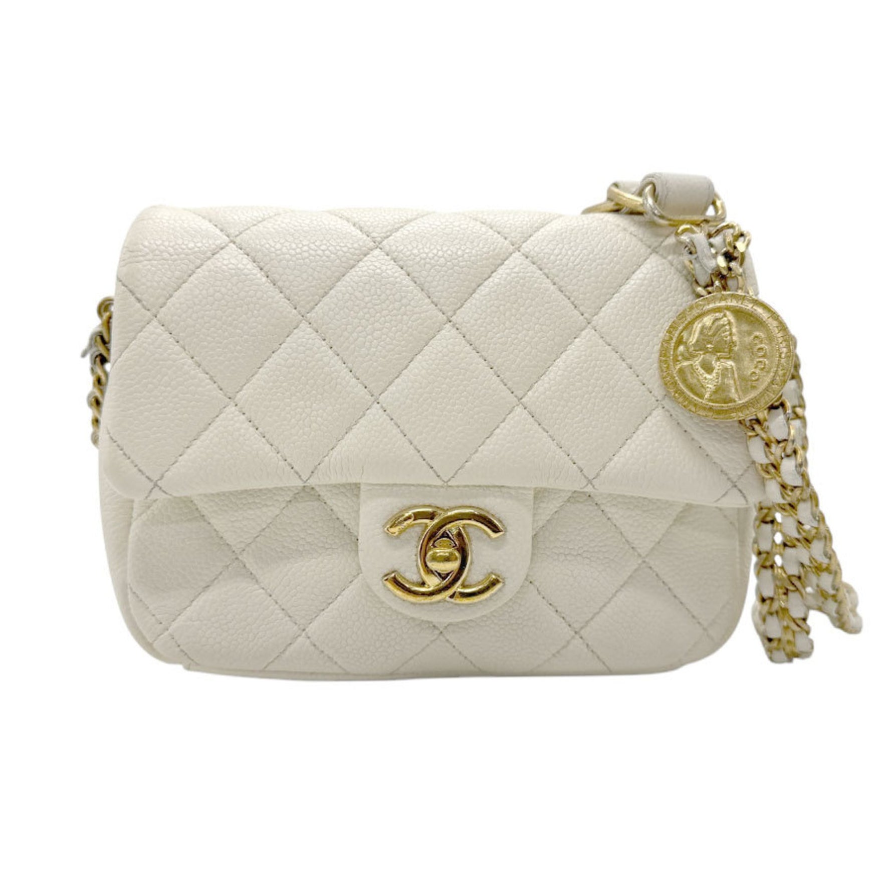 CHANEL Shoulder Bag Matelasse Caviar Leather Metal Off-White Gold
