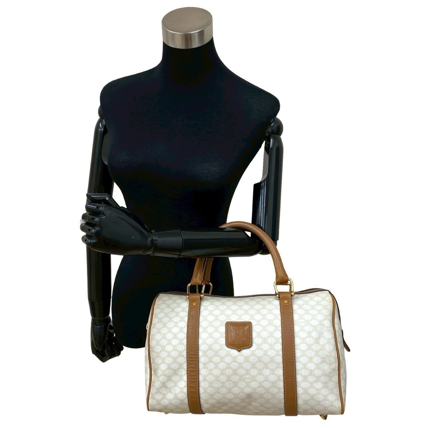 CELINE Macadam Blason Triomphe Leather Handbag/Mini Boston Bag, White