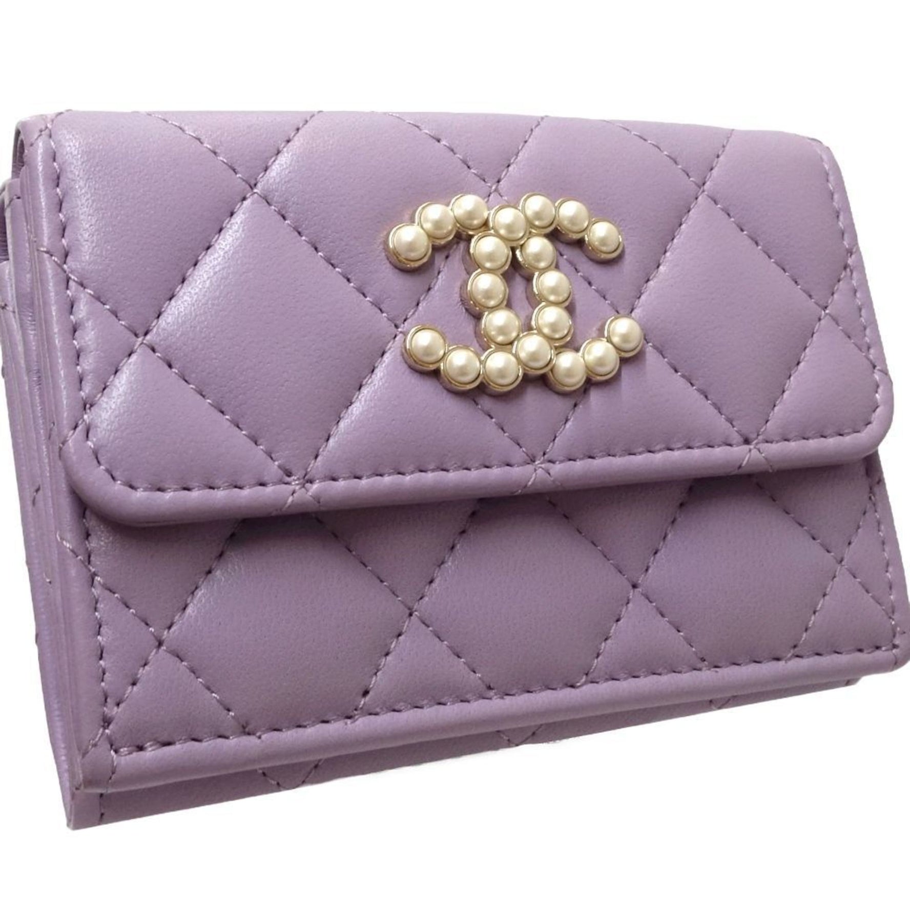 CHANEL Chanel Bi-fold Wallet AP3808 Small Flap CC Pearl Coco Mark Lambskin Light Purple