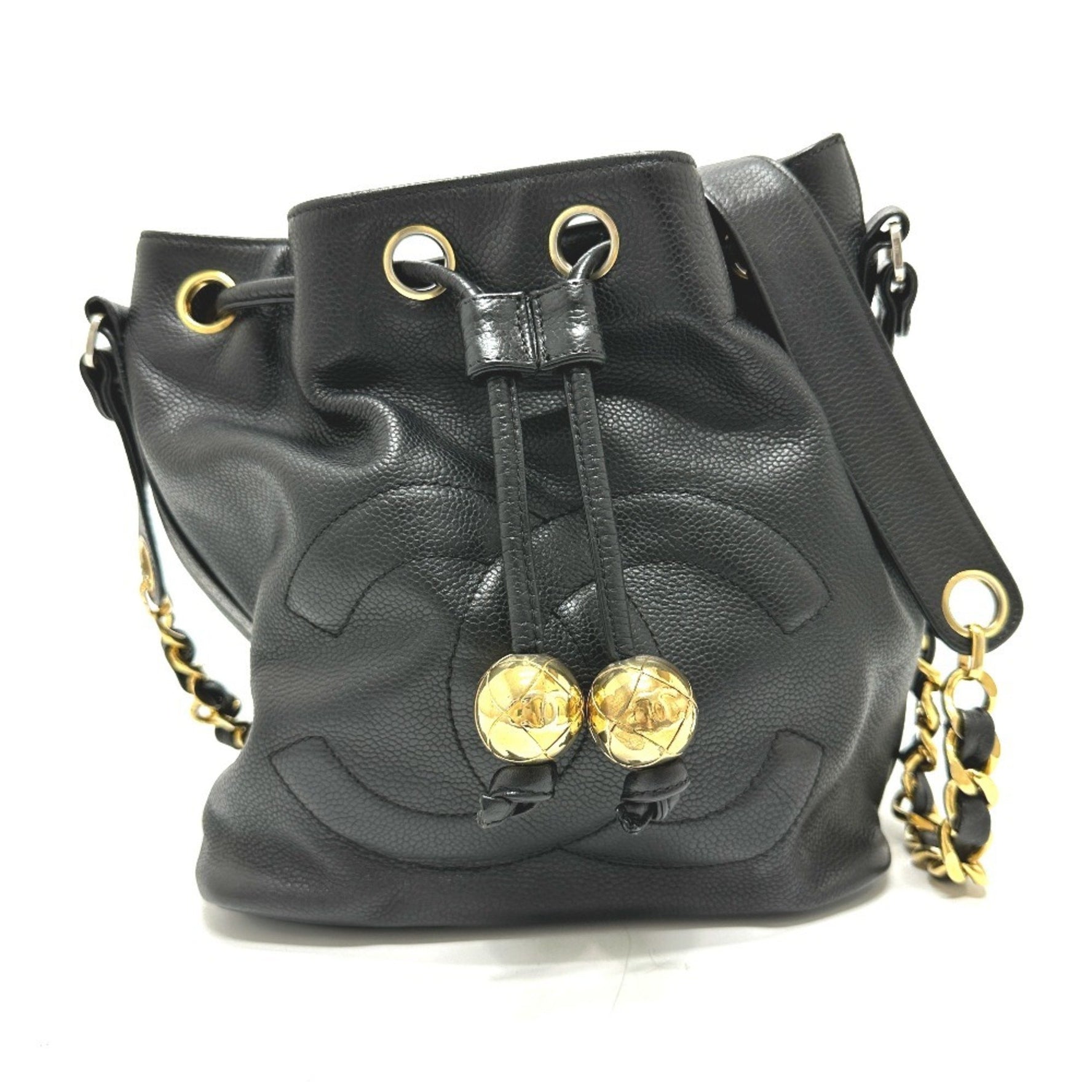 CHANEL Coco Mark Deka Drawstring Chain Shoulder Bag in Caviar Leather